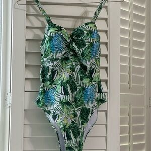 Tahari Green and Blue One Piece Swimsuit Tropical Print
